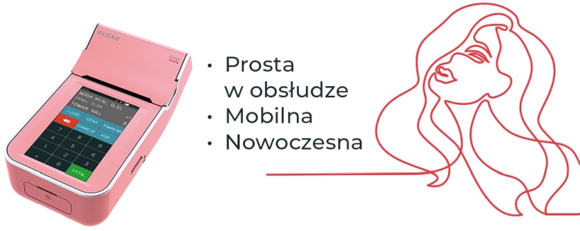 Różowa kasa fiskalna Elzab K10 w nowoczesnym punkcie sprzedaży – kompaktowe i estetyczne urządzenie fiskalne.